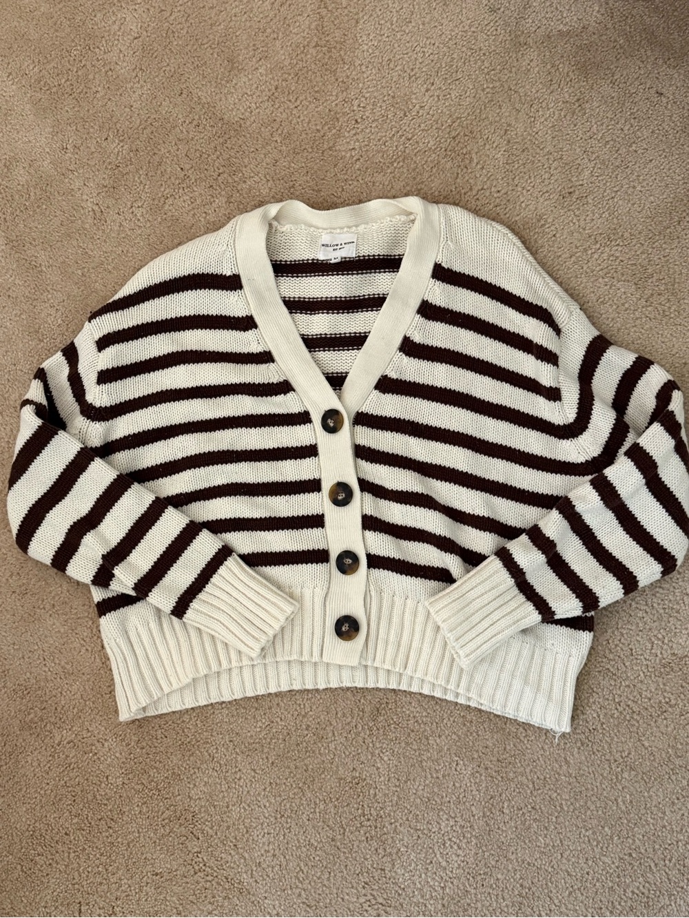 Striped V-Neck Button Cardigan Sweater - Cream & Brown